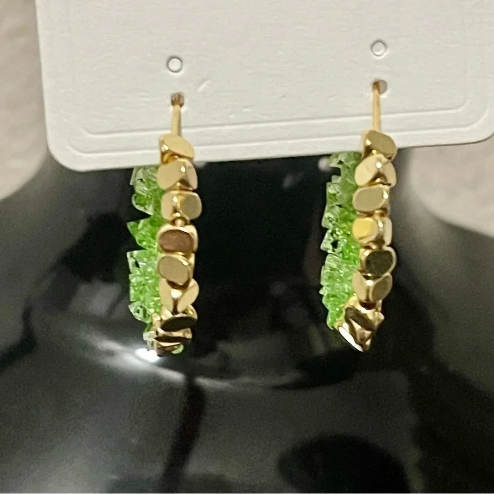 New! Retro Style Copper Crystal Hematite Earrings Green & Gold Huggie
